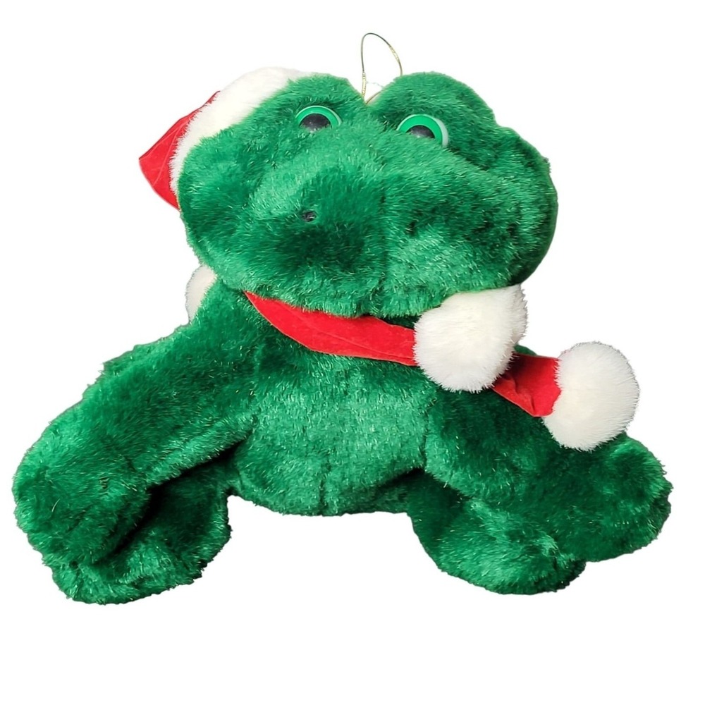 Vintage Fun World Christmas Frog Plush Stuffed Animal with Santa Hat NON WORKING